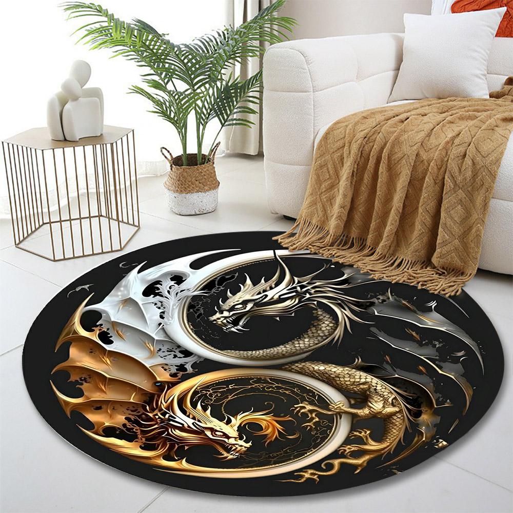 Yin Yang Dragons Design Rug Print Round Rug, Living Room, Bedroom, Playroom Carpet, Non Slip Floor Mat, Gift
