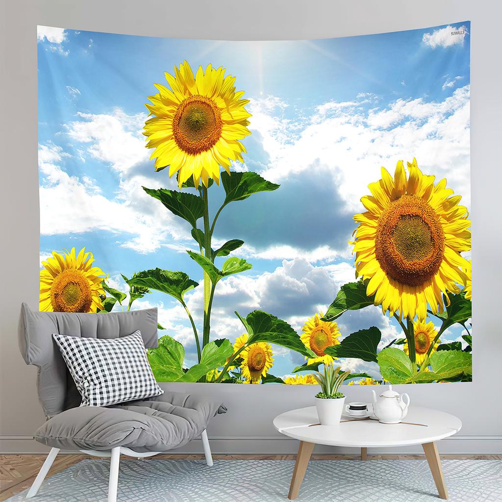 Sunset Sunflowers Field Tapestry Warm Yellow Floral Plant Tapestry Home Living Room Bedroom Dorm Wall Hanging Decorative Blanket