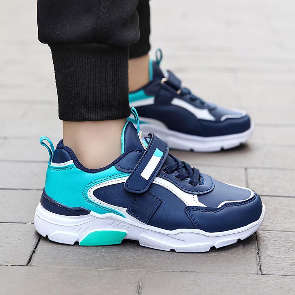 Children's Synthetic Leather Running Shoes Lightweight Breathable Athletic Sneakers Hook and Loop Closure Durable Outsole Flexible Design