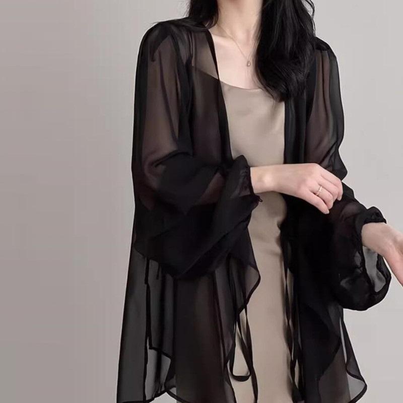

Summer Sun Protection Shirt Korean Women Chiffon Cardigan Blouse Solid Color Ladies Shawl Female Oversize Casual Loose Coats 3XL чорний