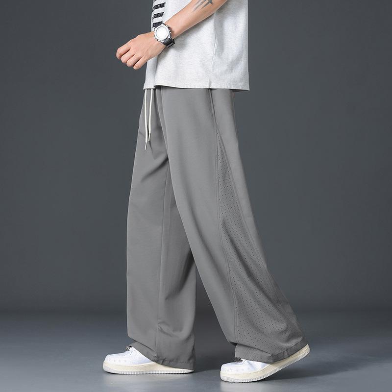Men's Beige Perforated Wide Leg Drawstring Pants - Oversized Breathable Streetwear Baggy Trousers