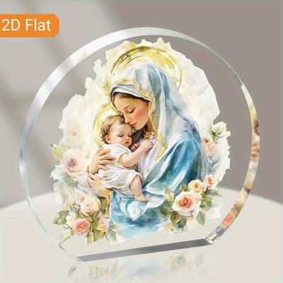 1pc Virgin Mary and Young Jesus Acrylic Decorative Sign - Serene Religious Art with Garland - Acrylic Desktop Ornament, Four Seasons Decoration 