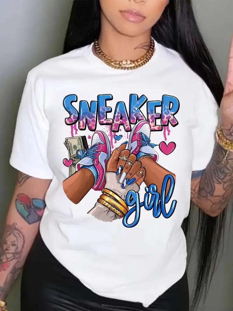 Plus Size Sneaker Girl Graphic Print T-shirt, Casual Short Sleeve Crew Neck Top, Women's Clothing