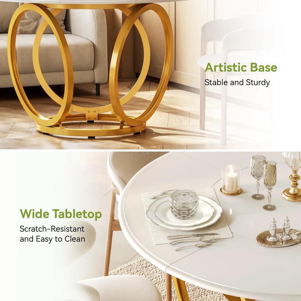 Round Dining Table, Modern 120 Cm Kitchen Table for 4-6 People, Coffee Table, Side Table with 2 Levels and Metal Frame