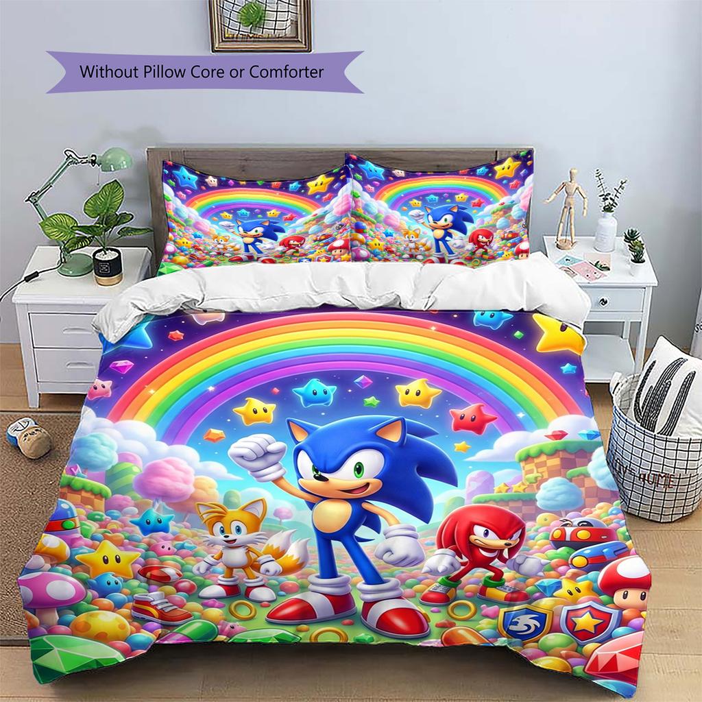 Hedgehog Sonic Pattern Bedding Quilt Set Quilt Cover Pillowcase Home Decoration Birthday Gift (1 * Duvet Cover + 2 * Pillowcase, Without Core)
