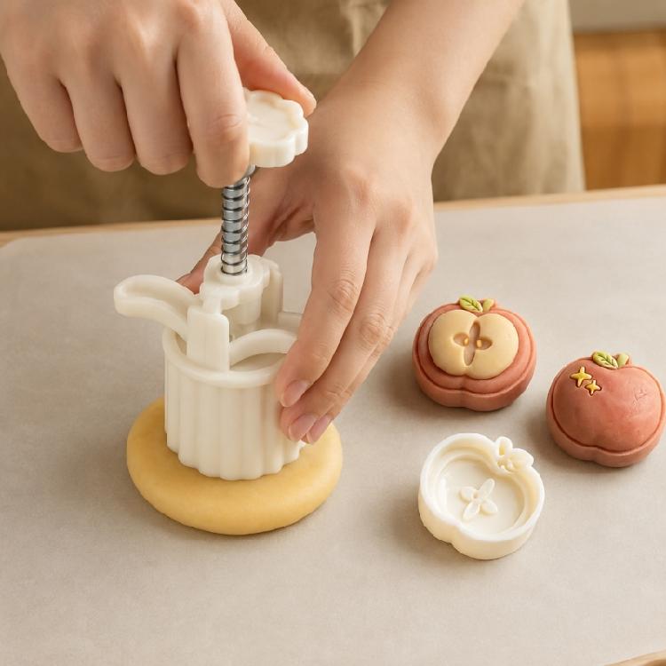Family Baking Dessert Press with 2 Pattern Plates, 50g Plastic Mooncakes Pastry Tool and Spring Return Control for Decorative Treat Work, Home