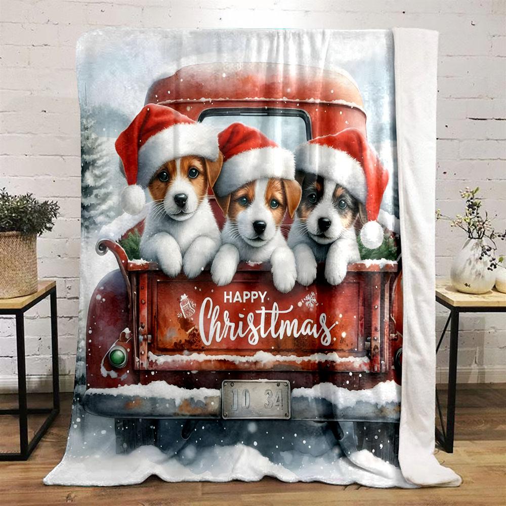 "Christmas Puppies on Red Truck Design" Patterned flannel blanket perfect for the bedroom living room, sofa, or a little nap