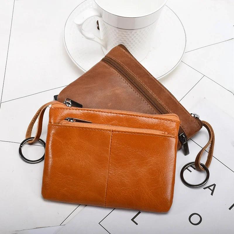 Vintage Genuine Leather Coin Purse Card Holder Mini Bag Retro Solid Color Zipper Clutch Wallet Key Holder for Men Women