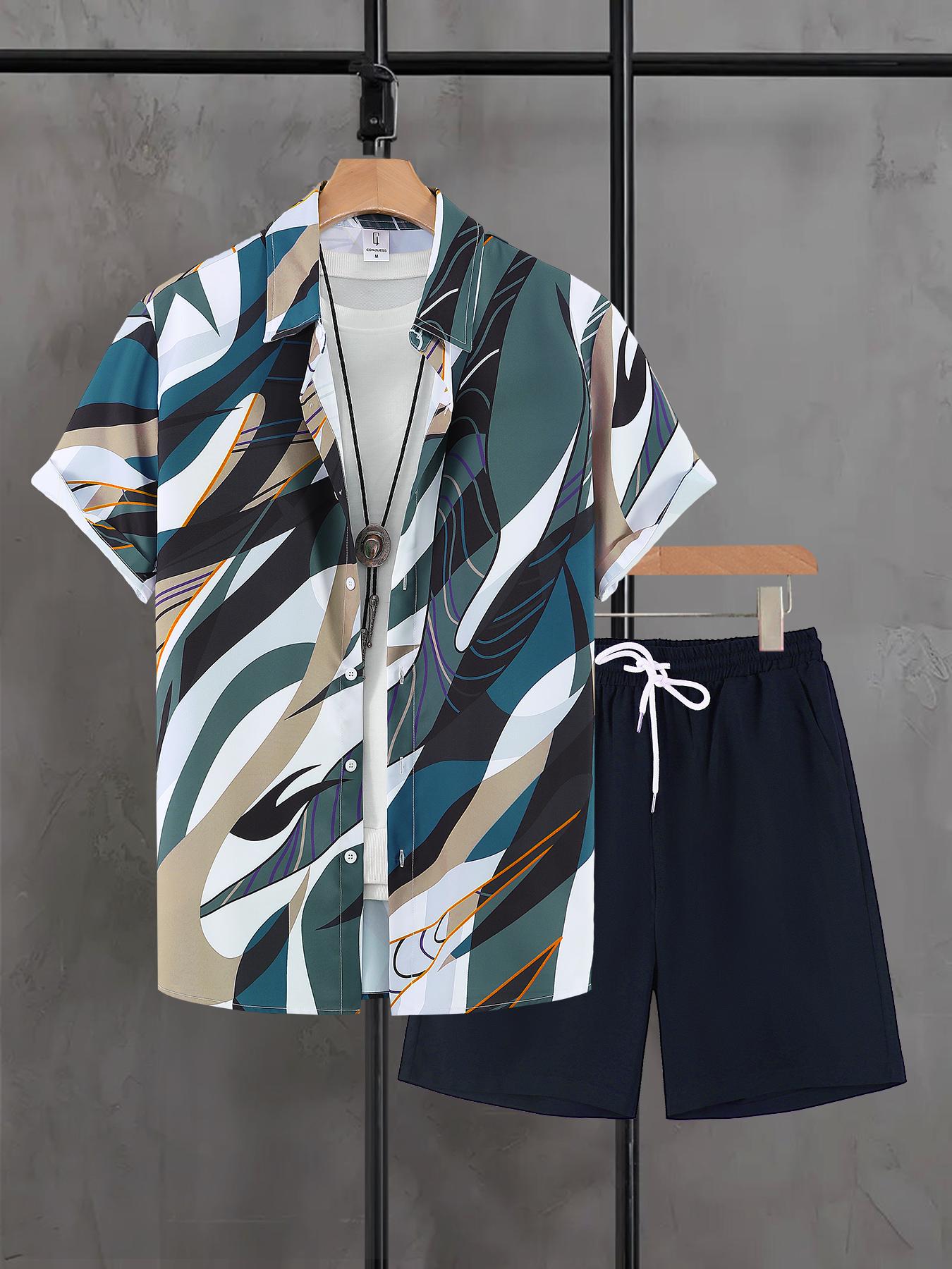 

Men s 2 Piece Hawaiian Outfits, Abstract Art Print Cuban Collar Shirt & Navy Shorts Set S