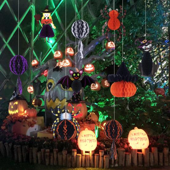 Honeycomb Halloween Hanging Decorations Ghost Spider Pumpkin Witch Bat Paper Honeycomb Centerpieces for Indoor Window Haunted House Decor