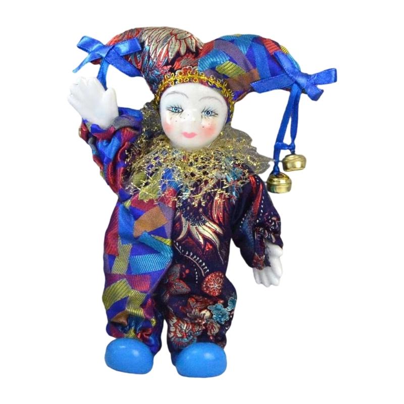 Movable Limb Ceramic Clown Statue with Handcrafts Fabric Outfit Holiday Decoration Collectible Clown Figurine Doll
