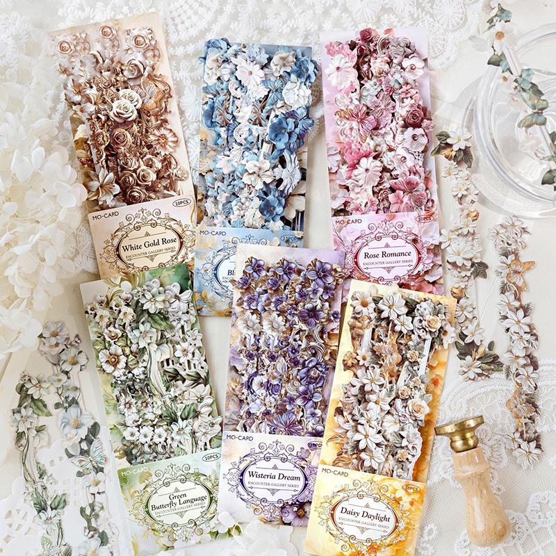10Sheets Long Floral Stickers Hollow Relief Craft Diy Scrapbooking Collage Stationery Decor Journal Frame Decoration Stickers