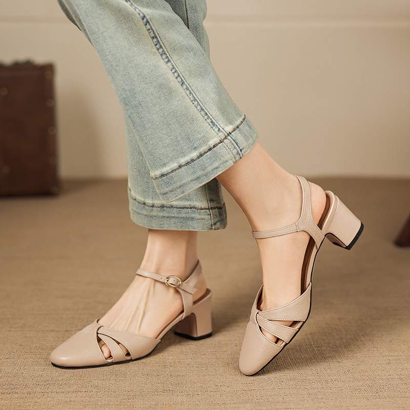 Krazing Pot Sheep Skin Med Heels European Design Summer Size 40 Round Toe Circle Buckle Straps Women Pumps