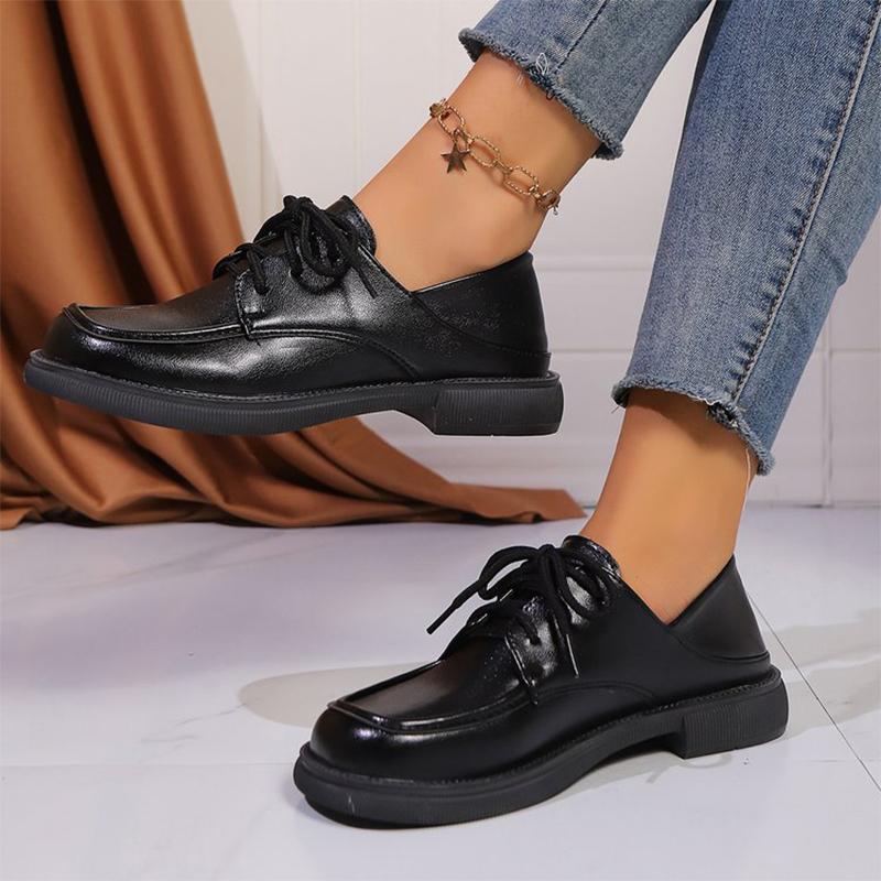 Fashion Faux Pu Leather Loafers Shoes Women 2025 Non Slip Black Lace Up Loafers Round Toe Platform Casual Shoes Female