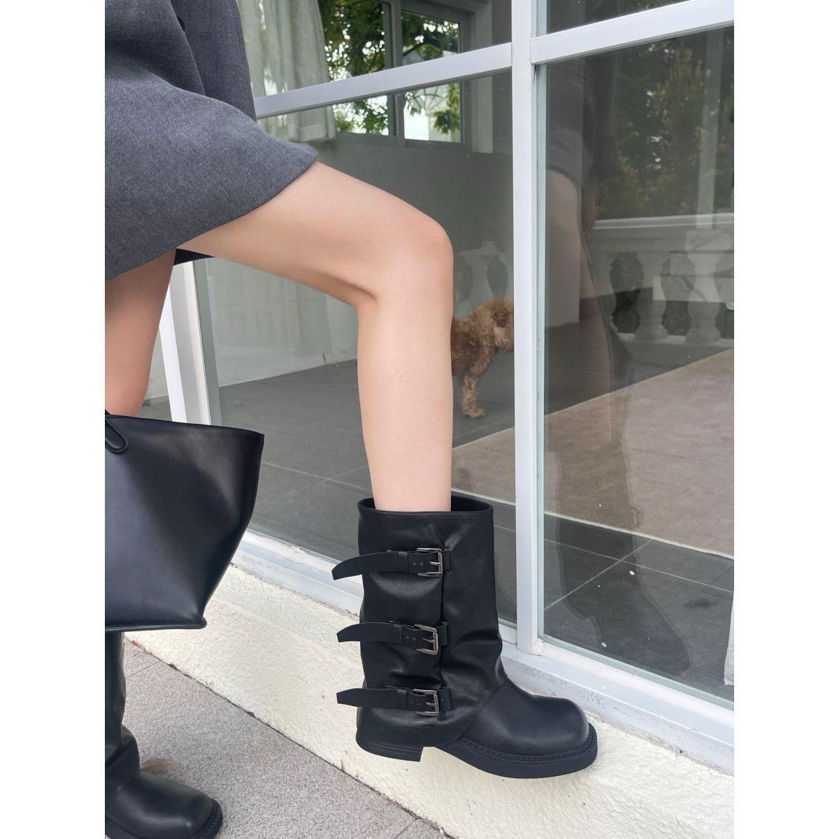 

Yuwei Lulu retro thick-soled trouser boots women s 2025 new belt buckle medium tube stacking boots western cowboy boots 40