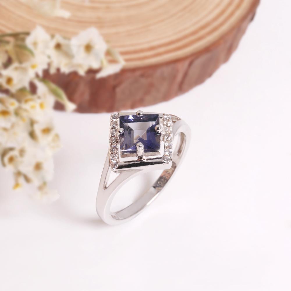 Lyxig fyrkantig design Naturlig Cordierit Ring 925 sterling Silver fina smycken för kvinnor Jubileum & Bankett & Festgåvor