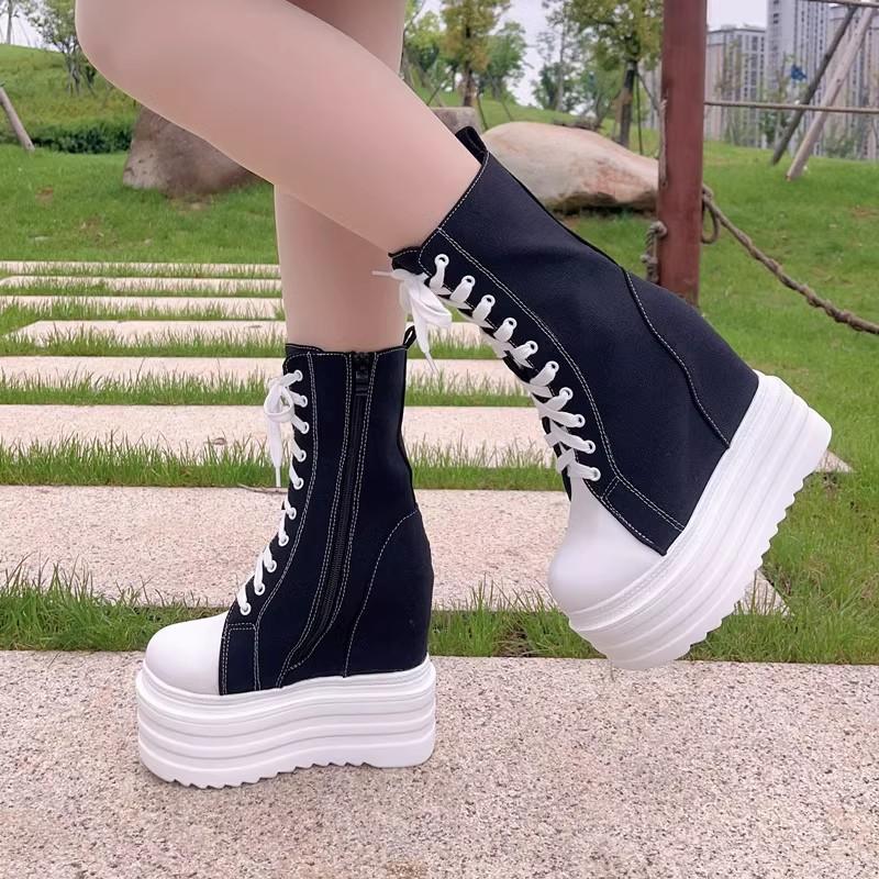 14CM Denim Women Spring Ankle Boot High Brand Platform Wedge Autumn High Brand Skateboard Breathable Shoes
