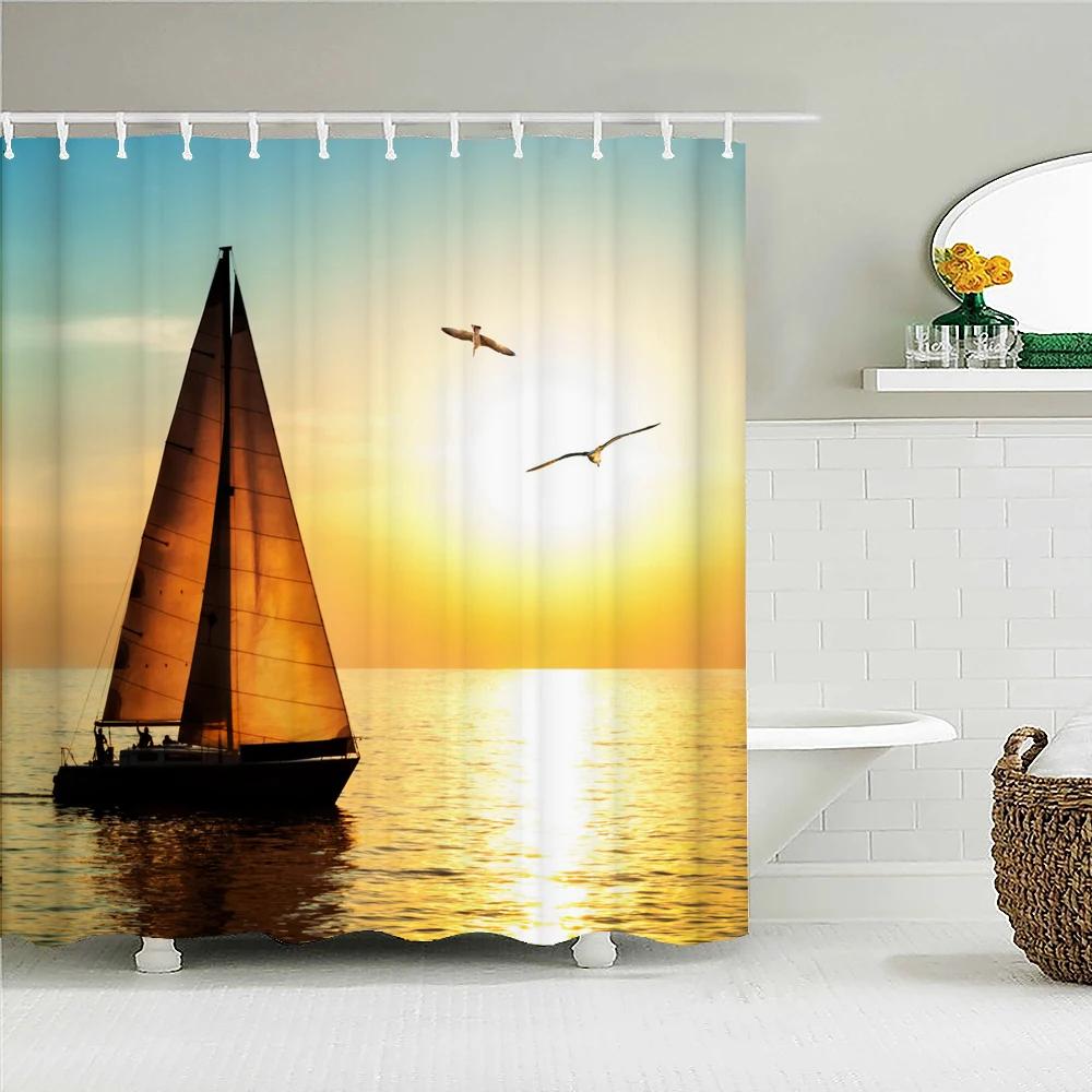 Sunlight Ocean Scenery Shower Curtains Decoration Waterproof Fabric Sunset Dusk Sea Dolphin Cowboy Bath Curtain Bathroom Screen