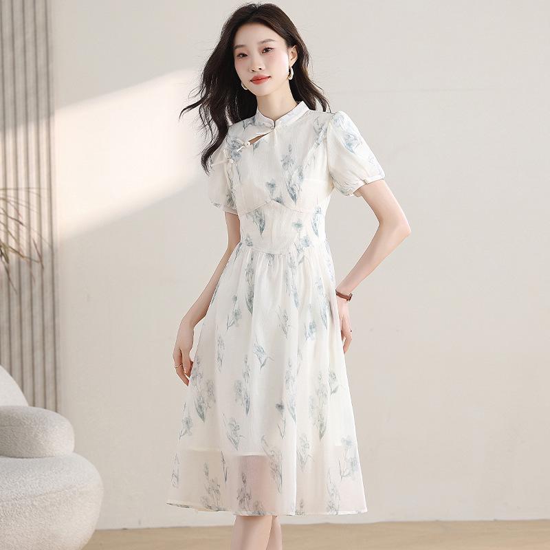 New Chinese Style Summer 2026 Women's Dress: Zen Puff Sleeve Cheongsam
