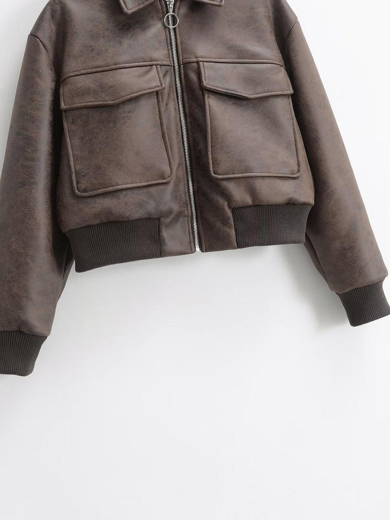 Women's 2025 Autumn Stylish Faux Leather Pilot Jacket with Large Pocket Detail