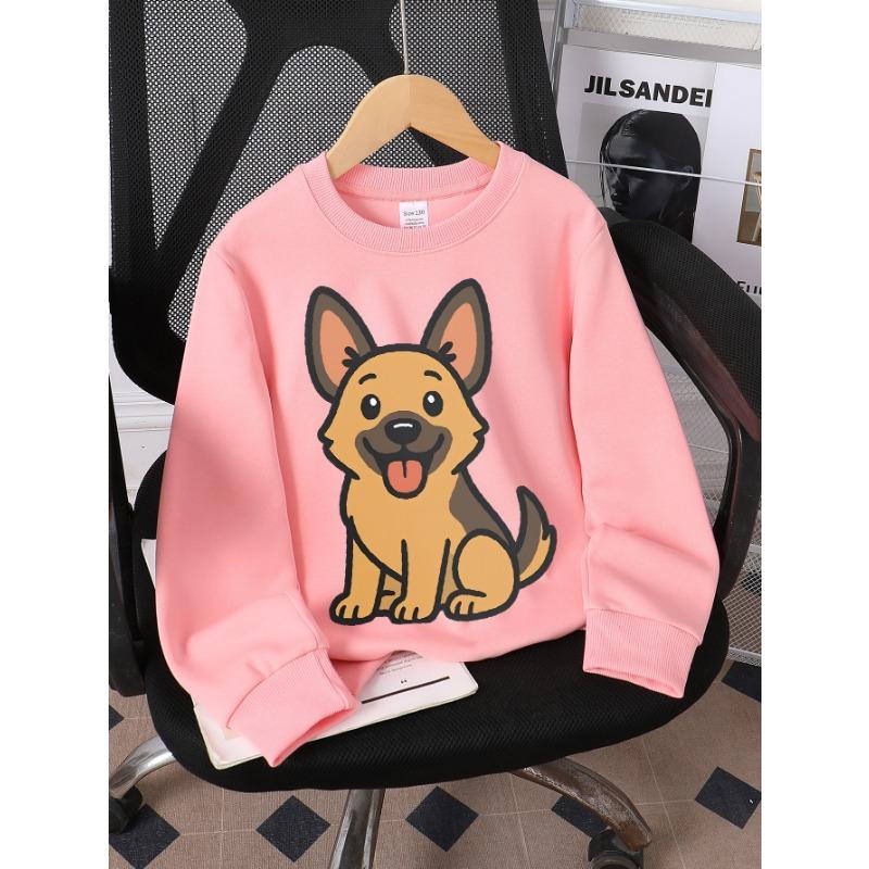 European Sizes Girls' Crewneck Sweatshirt Cute Dog Sitting Happy Expression, Spring And Autumn, Sportswear And Casual, Soft, for Kids & Teens.