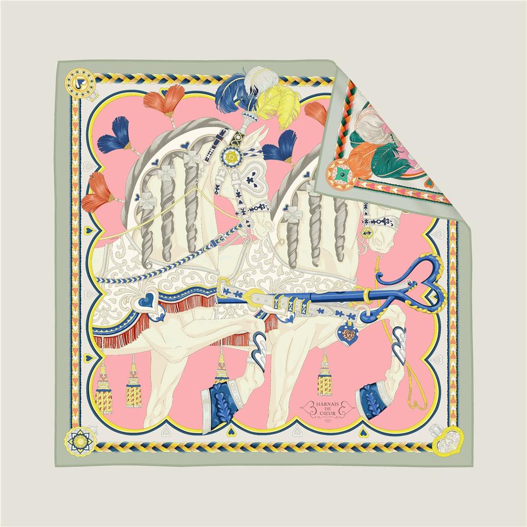 Hand Rolled Twill Silk Scarf Women Two Horse Double Print 90cm Square Scarves Wraps Echarpes Foulards Femme Hijab