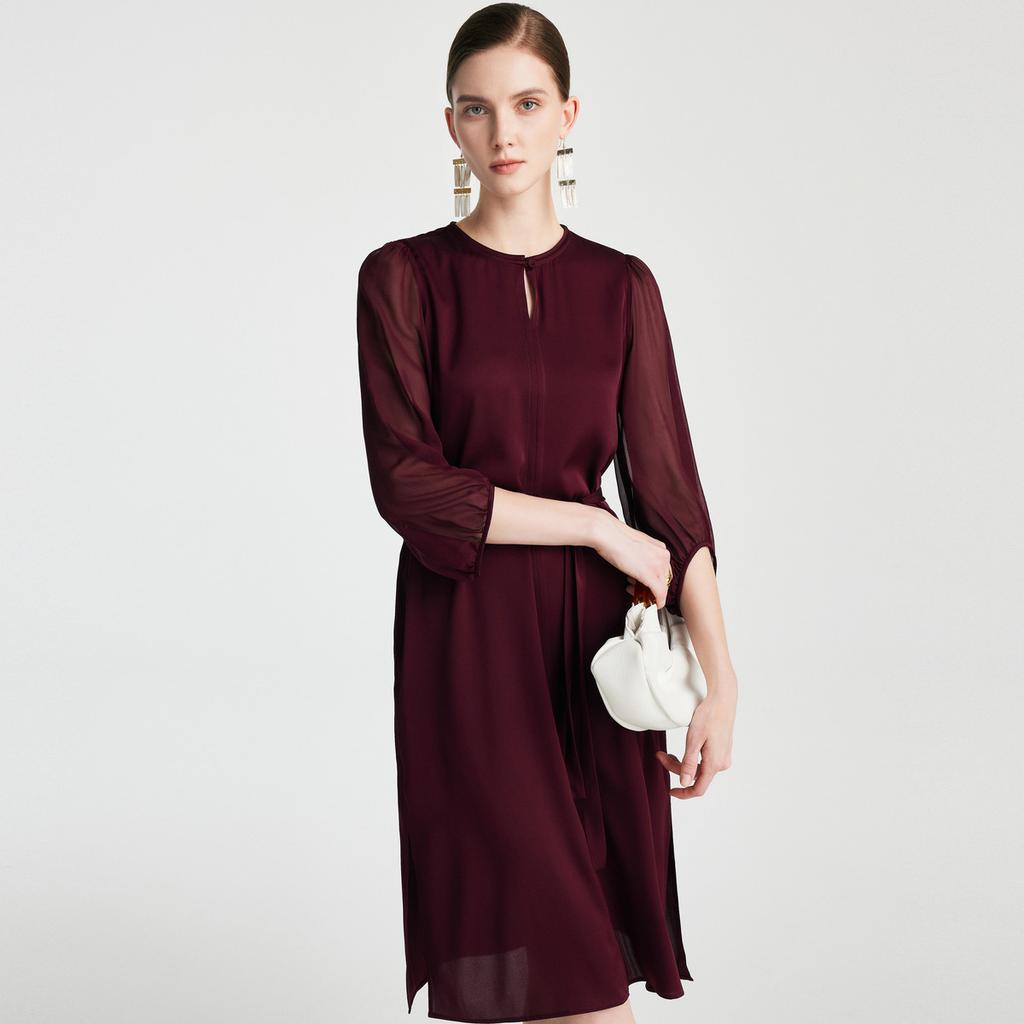 Tranquil luxury and grandeur: Spring and summer round neck cinched waist slimming, simple and elegant mulberry silk micro elastic dress