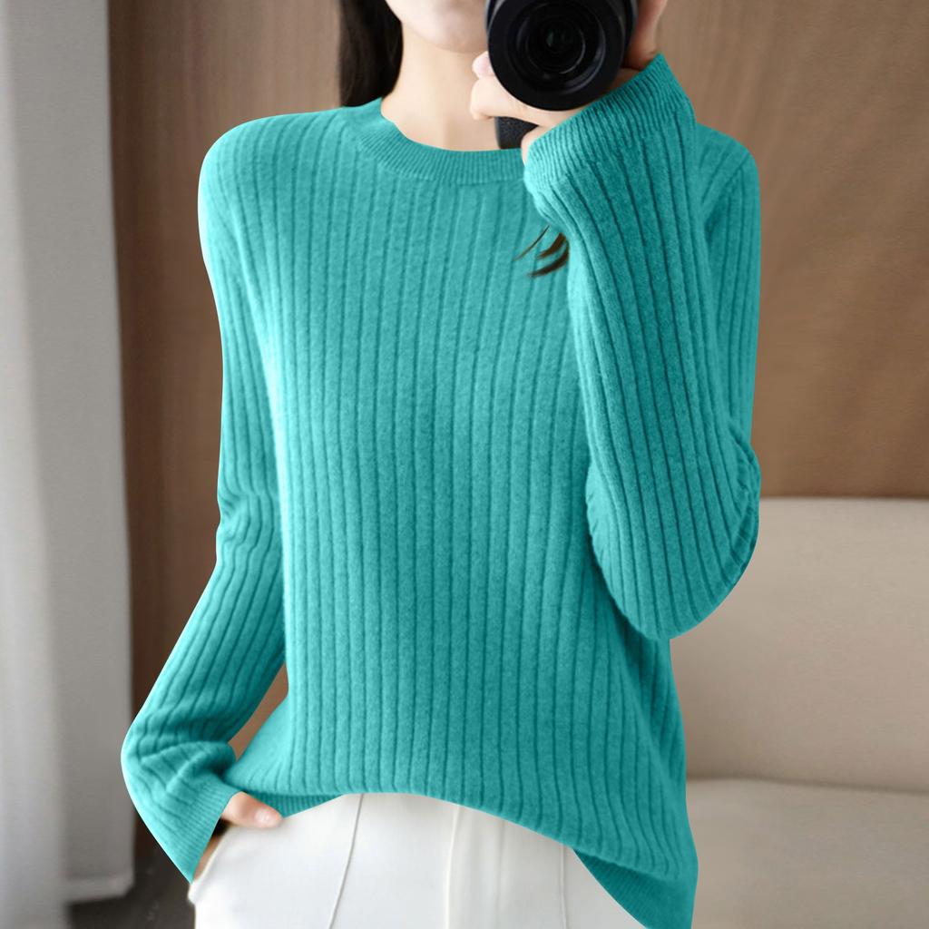 Women's Fashion Loose Knit Sweater Bottom Shirt Round Neck Pullover Long Sleeve Solid Color Top