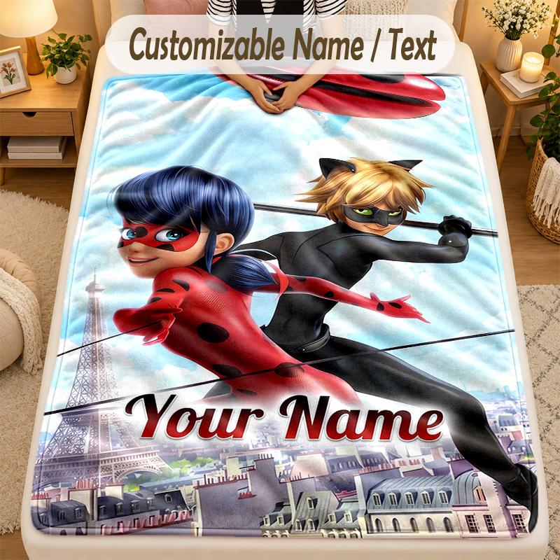 Flannel BlanketMiraculous Ladybug Custom Name Text Personalized Soft Warm Throw Blanket Home Decor Gift