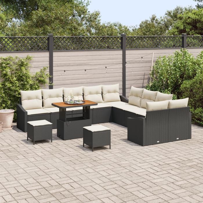 Ensemble de canapé de jardin vidaXL 13 pièces avec coussins noir rattan poly acacia, Sofa de jardin 2 places vidaXL 3362715