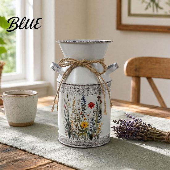 Indoor Decorative Flower Pot Vintage Iron Bucket Rustic White Double-Handle Metal Vase with Floral Print & Jute Handmade Hemp Rope Bow Farmhouse