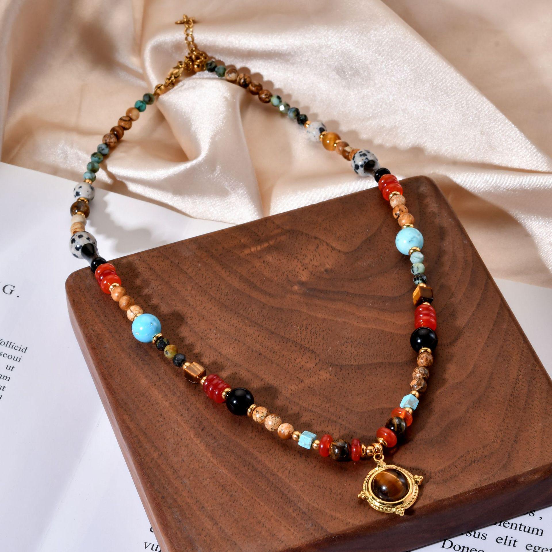 Tiger Eye Stainless Steel Retro Sun Pendant Necklace for Women