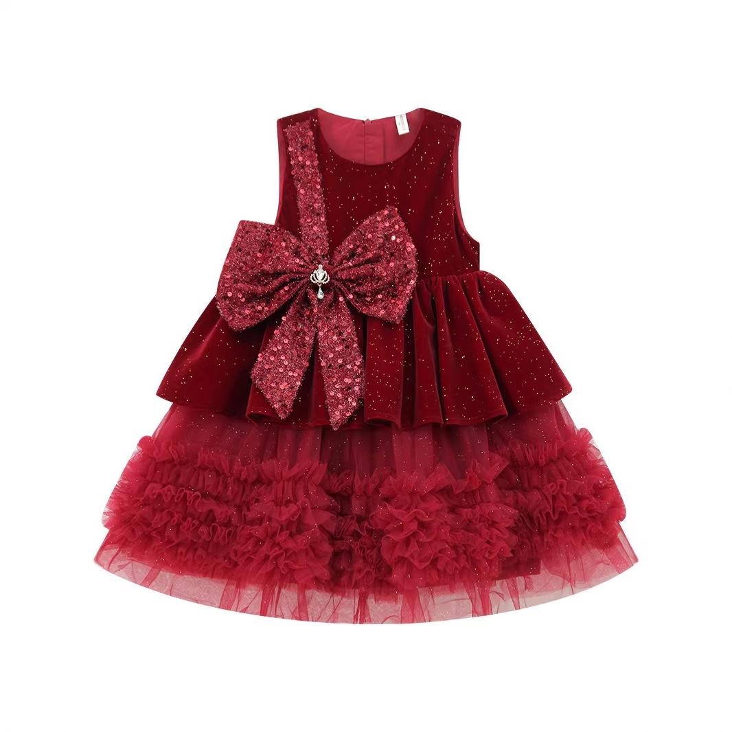 

Girls red sequined princess dress tutu skirt plus velvet dress skirt birthday performance costume 150cm червоний