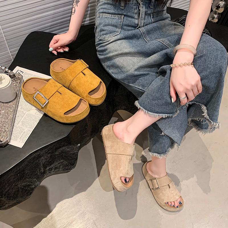 Boken Kapcie Damskie Letnie Skórzane Casualowe Płaskie Buty Jednoramienne Miękkie Klapki