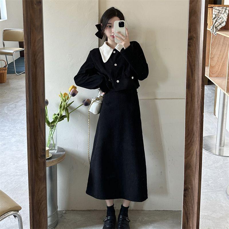 French Chic Corduroy Two-Piece Set: Doll Collar Jacket & Mid-Length Skirt for Autumn/Winter