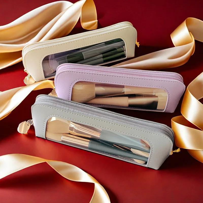 Women's Portable Leather Makeup Bag Waterproof Travel Cosmetic Pouch for Eyebrow Pencils & Brushes Compact Organizer Case