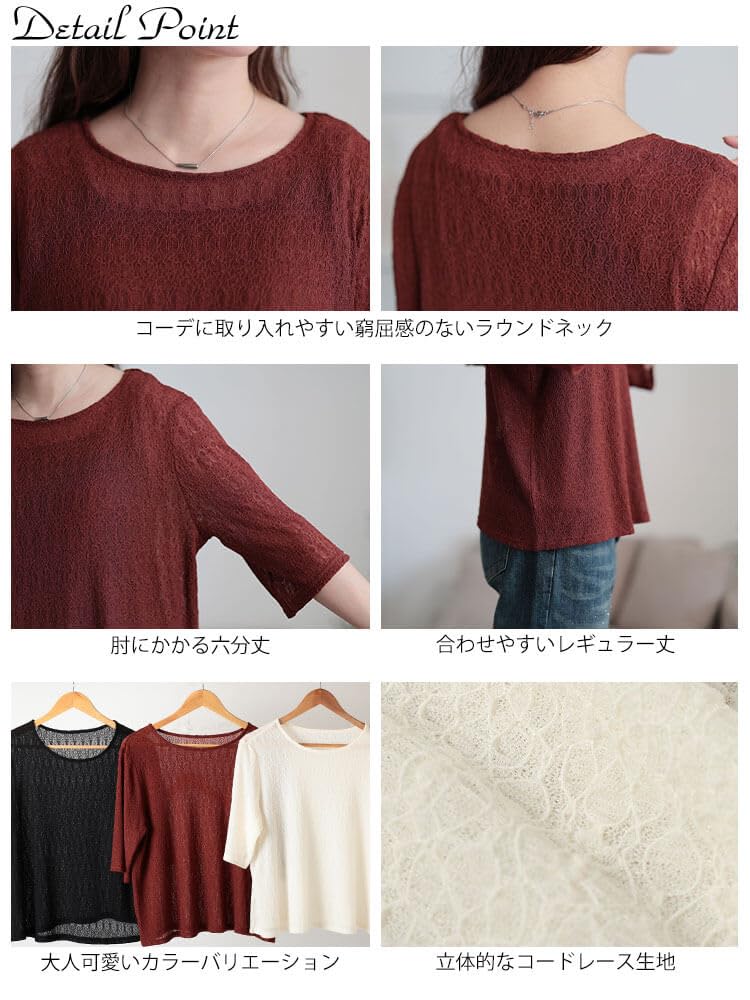 Gold Japan Plus Size Size 5L Women's Top, 5/8 Sleeve, Lace, Sheer, Stretch, Summer, Autumn, Spring, Maru-30155, Brown,