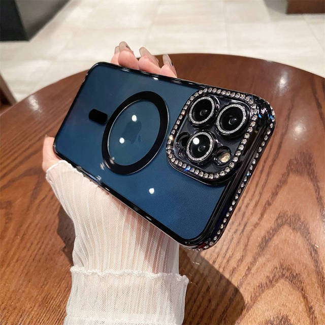 Brokatowy diamentowy bezprzewodowy futerał na telefon do ładowania dla Iphone 14 13 12 11 Pro Max 14 Plus 14pro przezroczysty, odporny na wstrząsy silikonowy zderzak