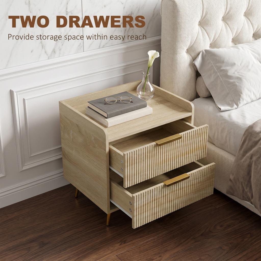 Bedside Table Cabinet with 2 Drawers Metal Legs Natural Wood Finish