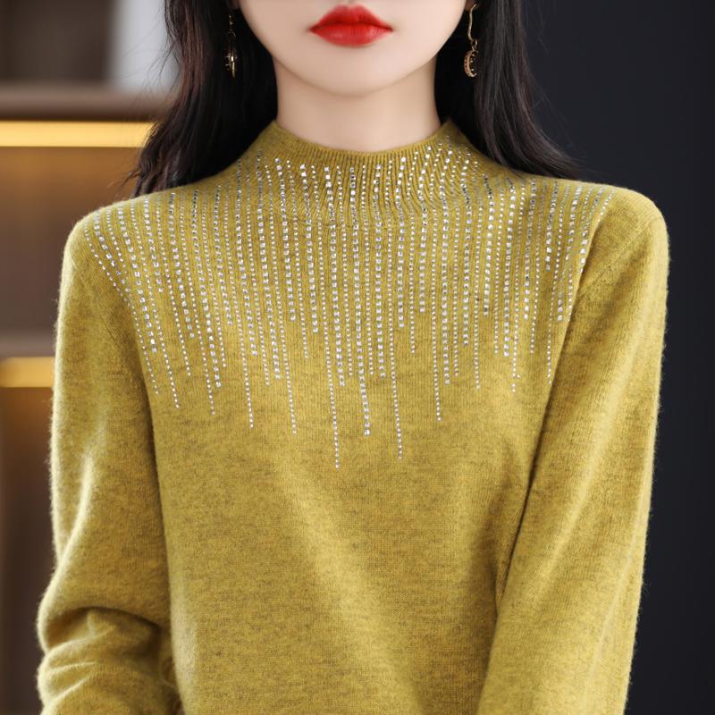 Women's Half Turtleneck Diamond Sweater, Qinghe Cashmere, 30% Cashmere 70% Wool, Winter Knitted Pullover Autumn Sweater Cashmere Sweater