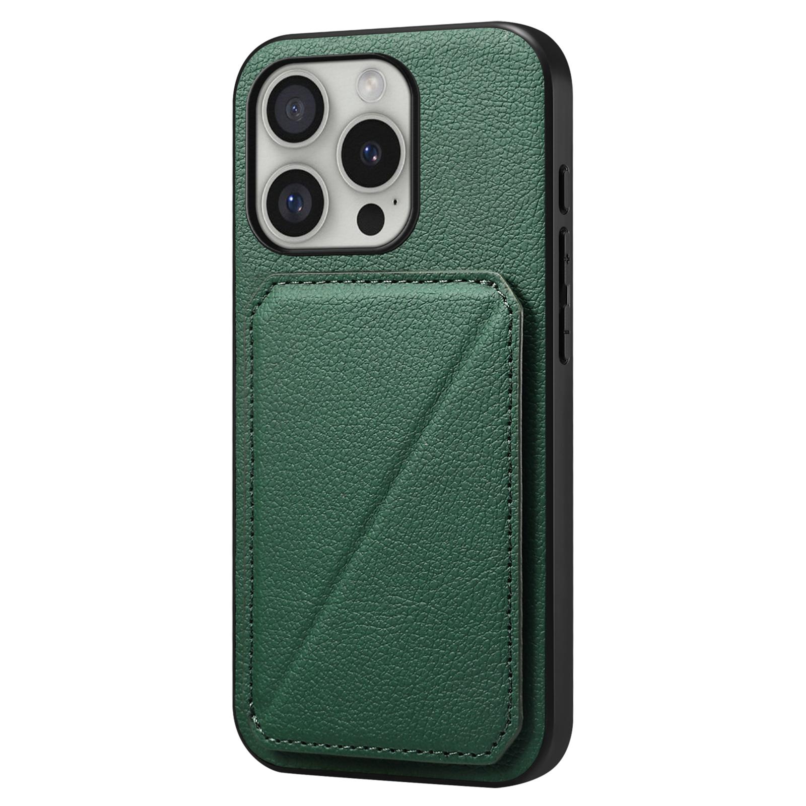 

DENIOR D04 For iPhone 16 Pro Case Card Holder Kickstand Leather Coated Phone Cover Green