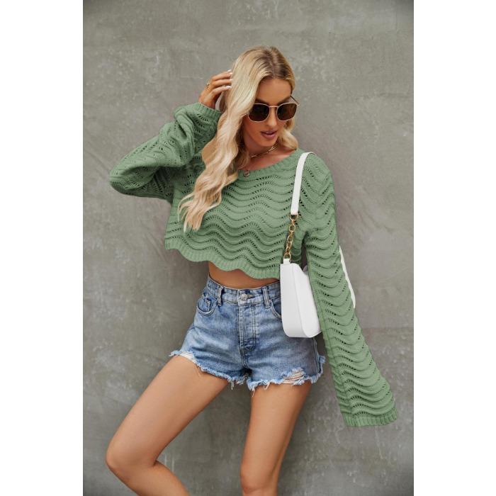 Autumn and Winter Women's Sweaters Fashion Solid Color Hollow Wave Pattern Short Section Pullover Knit Sweater