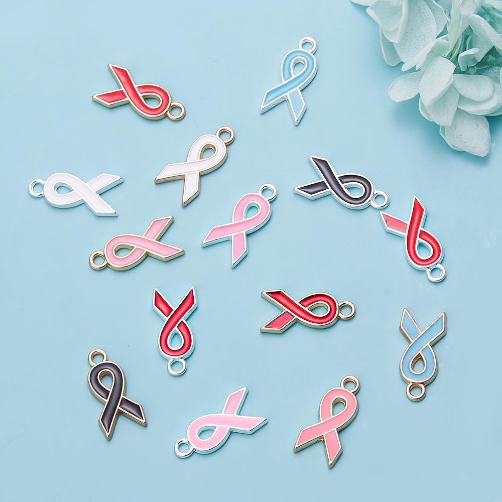 10pcs/lot Ribbon Enamel Charms Breast Cancer Awareness Pendants For DIY Necklace Earring Bracelet Jewelry Making Handmade