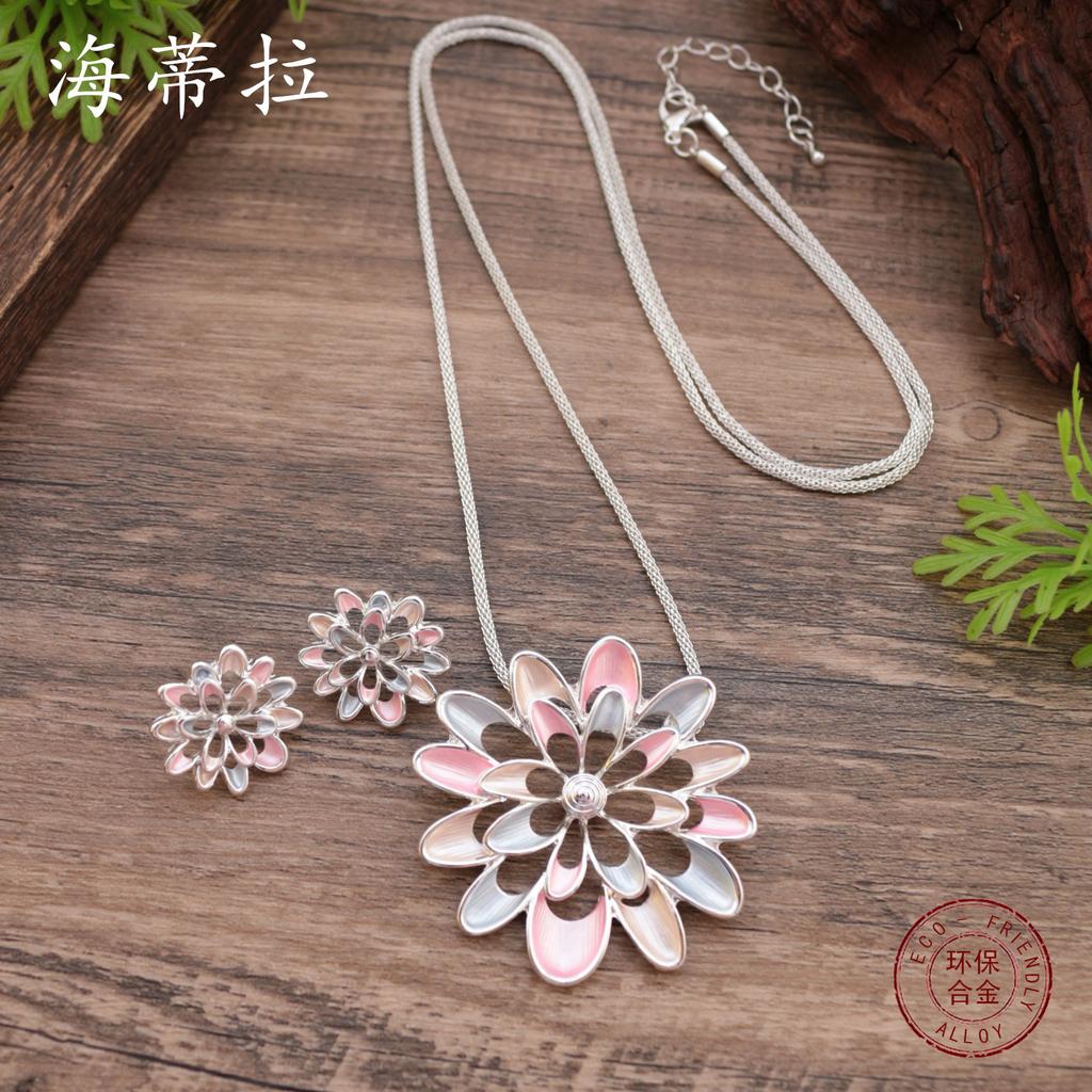 New Enamel Color Hollow Sunflower Stud Earrings Long Pendant Set, Women's High-end Flower Long Necklace