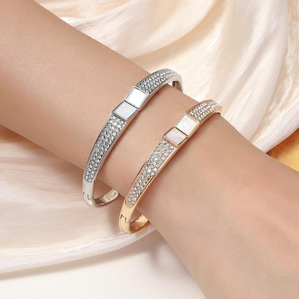 Korean Style Diamond Geometric Bracelet: Elegant Mother-of-Pearl Bangle for Women
