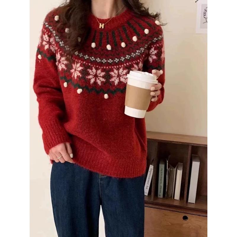 Christmas New Red Sweater Women's Spring Thickened Crew Neck Knitted Inside Fair Island Vintage Jacquard Top