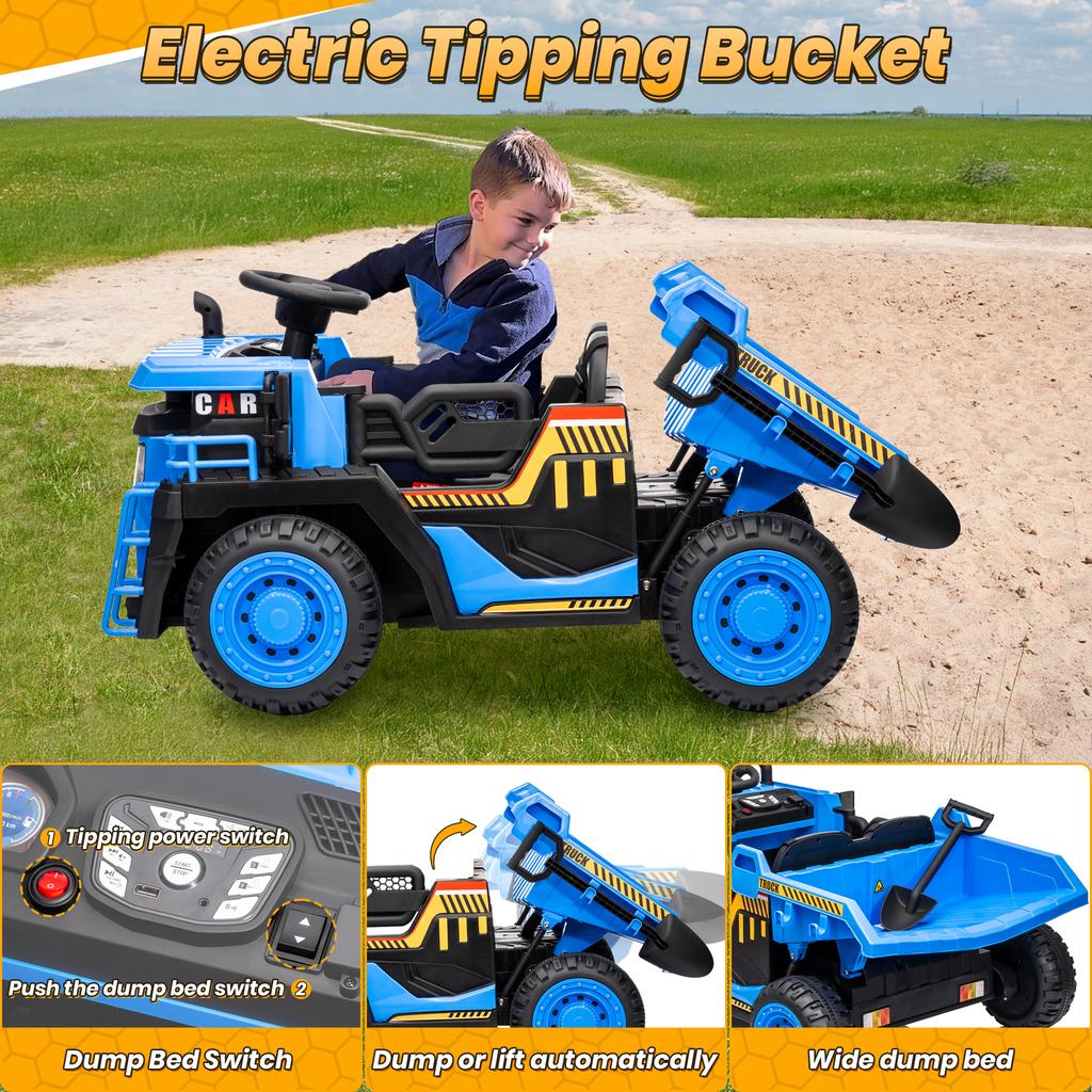 24V Ride On Toys w/Remote Control, 2 Seater 400W Ride On Dump Truck, Electric Powered Ride On w/Dump Bed, 3 Speeds, Shovel, Blue