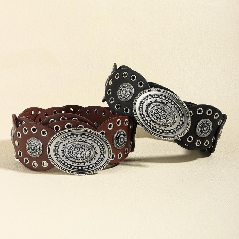 Oval Eyelets Belt for Women Bohemian Style Waist Belt Hollowed Out Wide Belt for Teens Girls Female Western Cowboy Belt