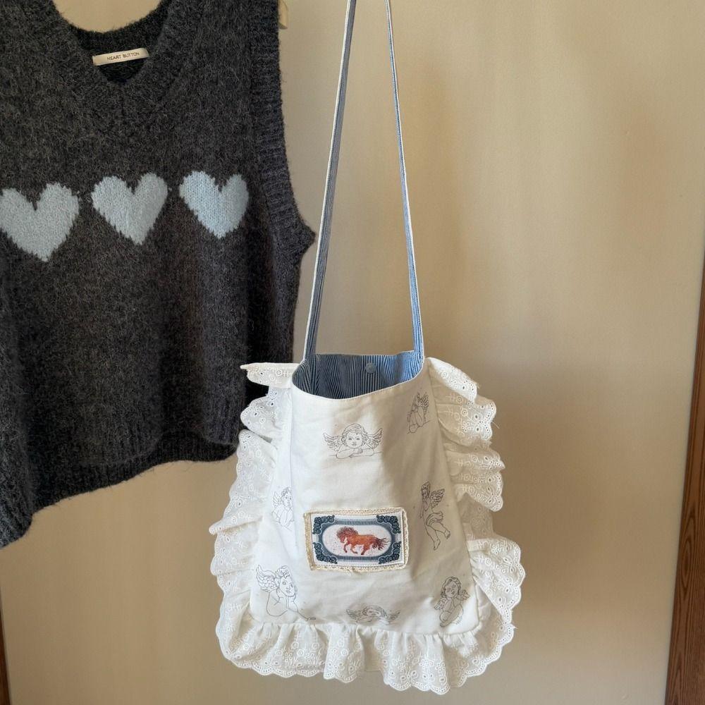 Polka Dot Ruffle Lace Canvas Bag Large Capacity Plaid Shoulder Bag Bow Shoulder Bag  Shopping