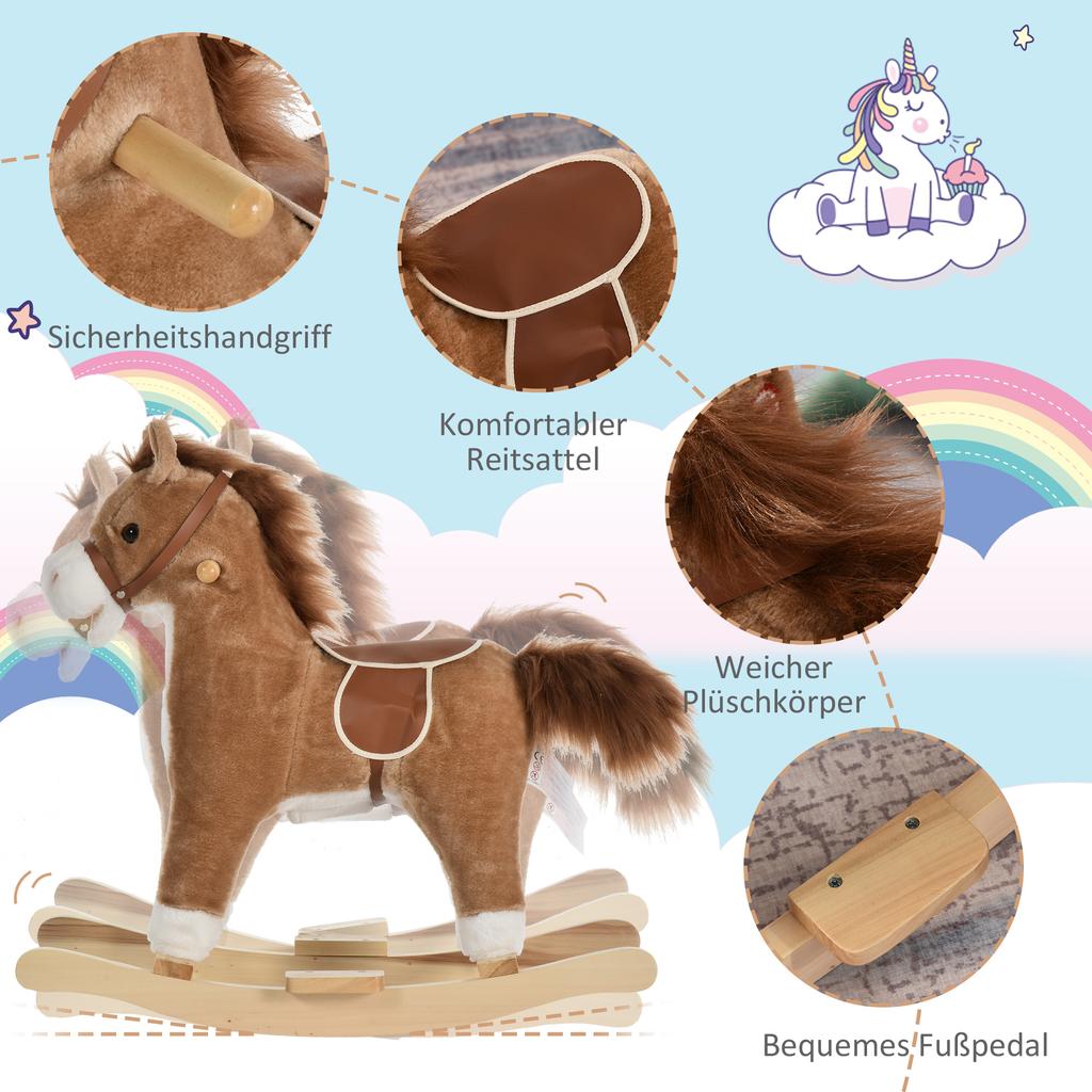 Children's Rocking Horse Baby Rocking Animal Horse with Animal Sounds Toy Handles for 36-72 Months Plush Brown 65 x 32.5 x 61 cm